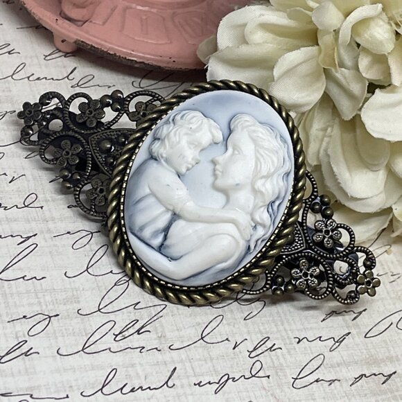 Blue White Mother Child Christmas Gift Mom New Cameo Pin Hair Clip Jewelry Comb - Picture 3 of 12